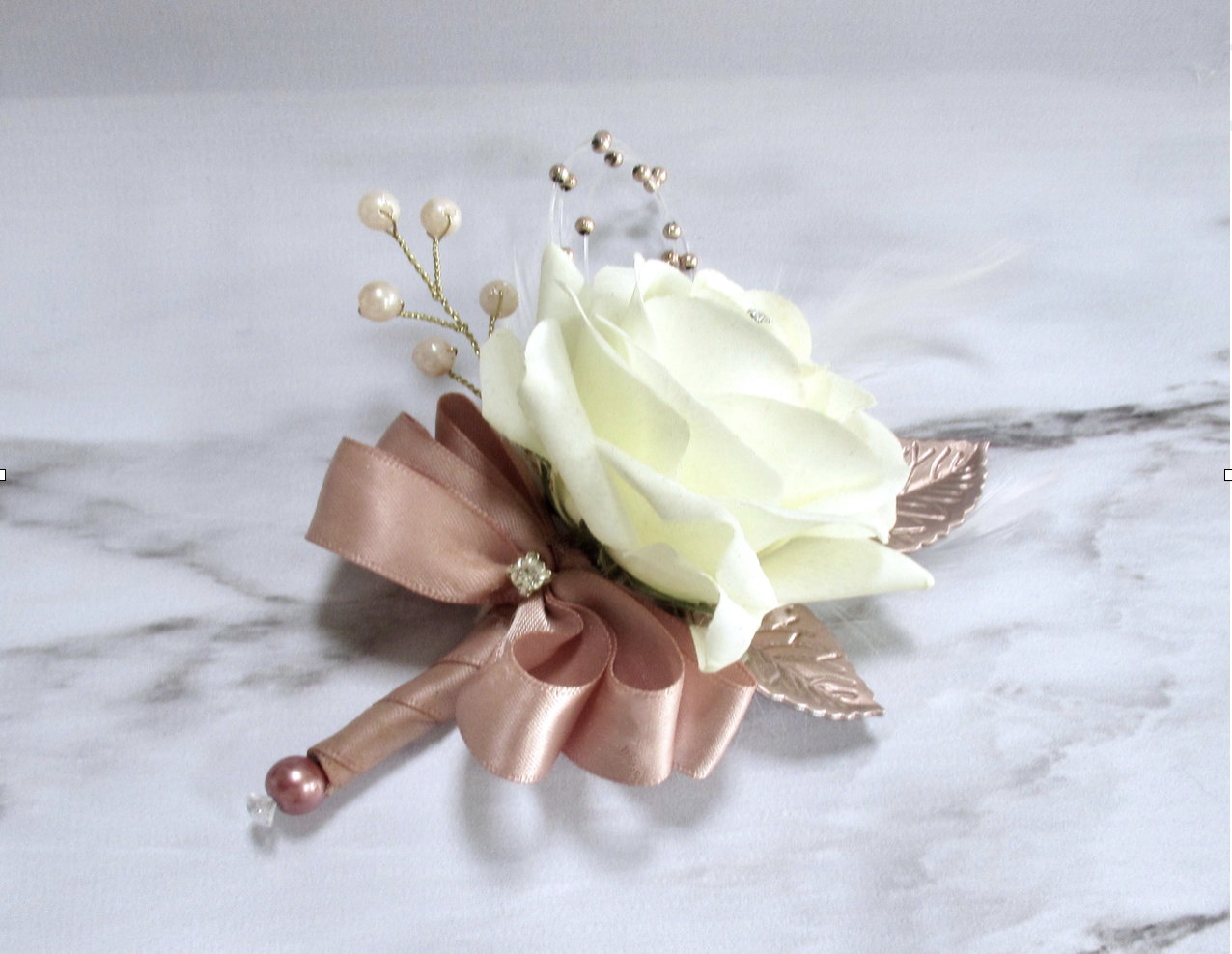 Ivory & Rose Gold Fresh Touch Rose Corsage, ROSE  GOLD CORSAGE FOR WEDDNGS